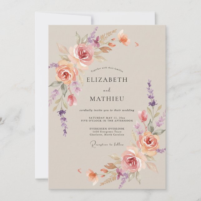Invitation Mariage Corail Mauve Pivoine (Devant)