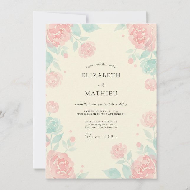 Invitation Mariage Corail Paeonie Rose Menthe (Devant)