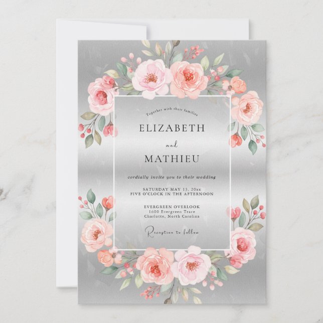 Invitation Mariage Corail Pâle Pétales Argent (Devant)