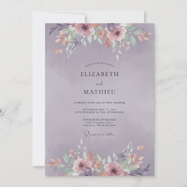 Invitation Mariage Corail Pivoine Améthyste (Devant)