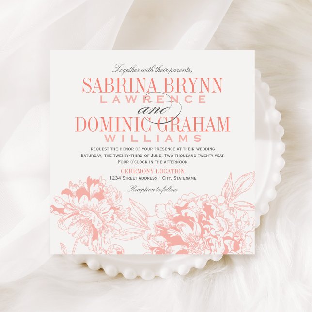 Invitation Mariage Corail Pivoine et Gris (Créateur téléchargé)