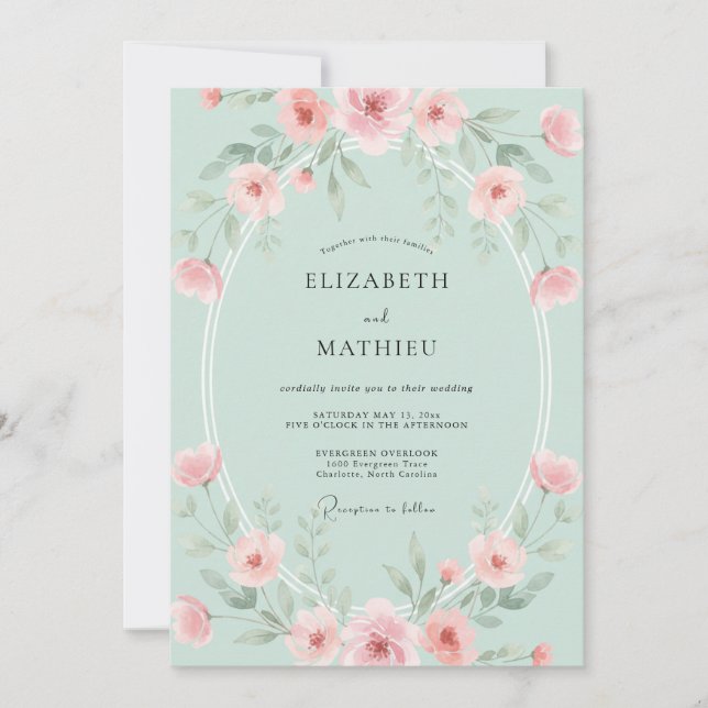 Invitation Mariage Corail Ranunculus Eucalyptus Mousse de Mer (Devant)
