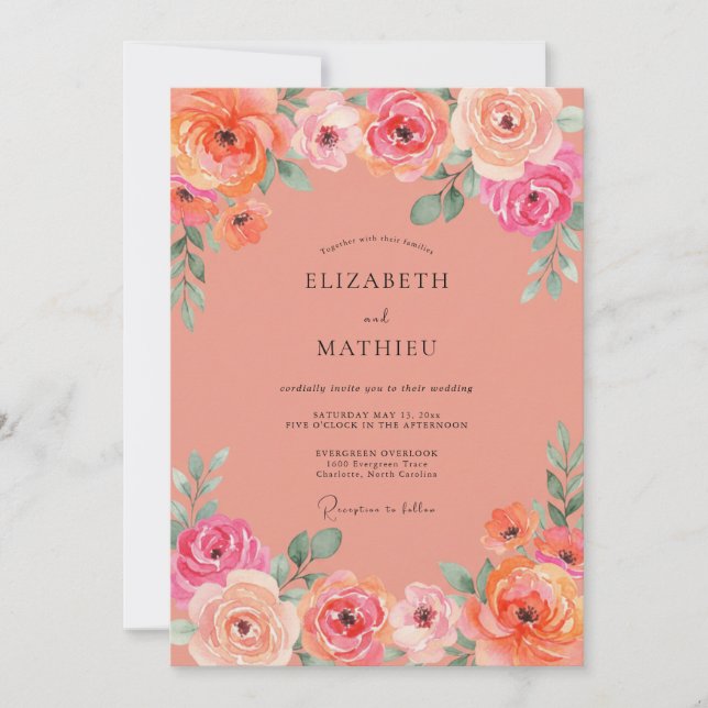 Invitation Mariage Corail Rose Pivoine (Devant)
