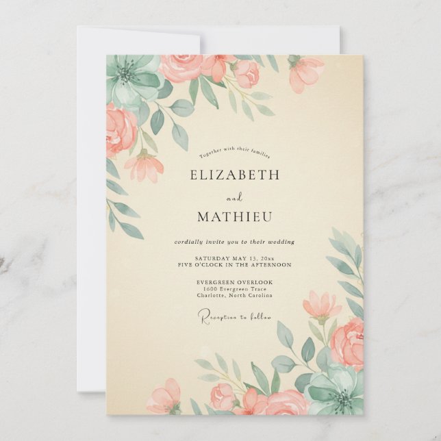 Invitation Mariage Corail Rouge Clair Pivoine (Devant)