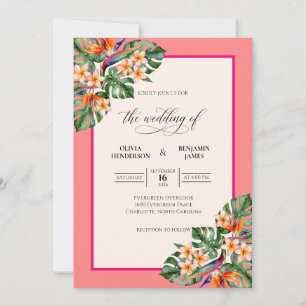 Invitation Mariage Corail Tropical Monstera Gris Eucalyptus