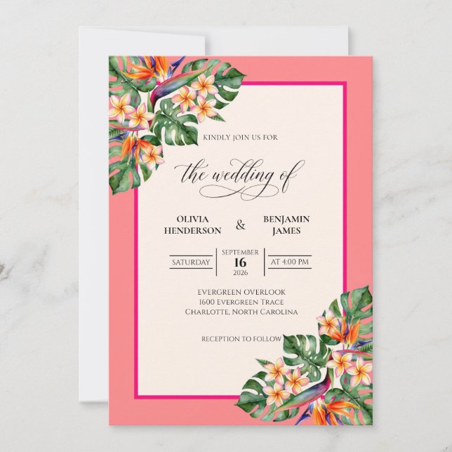 Invitation Mariage Corail Tropical Monstera Gris Eucalyptus (Devant)