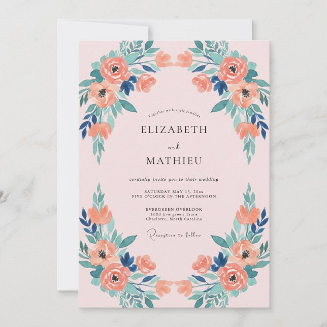 Invitation Mariage Corail Turquoise Pivoine (Devant)