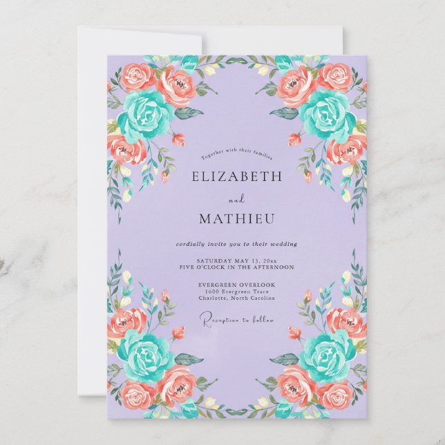 Invitation Mariage Corail Turquoise Pivoine Chaud (Devant)