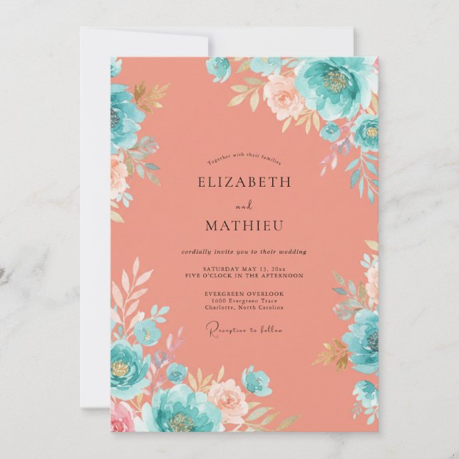 Invitation Mariage Corail Turquoise Pivoine Subtil (Devant)