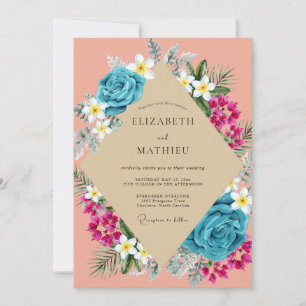 Invitation Mariage Corail Turquoise Plumeria Eucalyptus Sourd