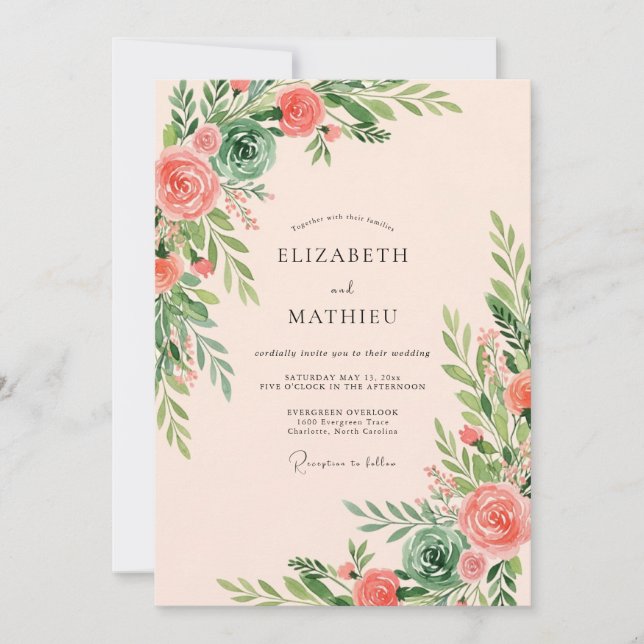 Invitation Mariage Corail Verdoyant Succulent (Devant)