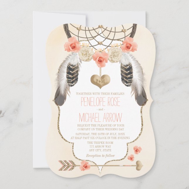 Invitation Mariage Coral et Gold Dreamcatcher (Devant)