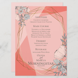 Invitation Mariage Coral Floral cadre géométrique or