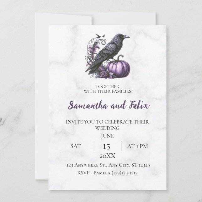 Invitation Mariage Corbeau sur Citrouille Violette Marbre (Devant)