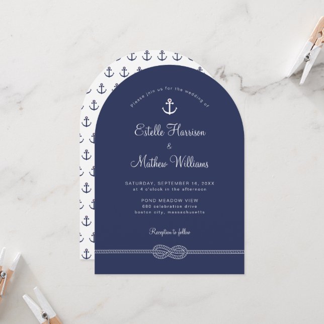 Invitation Mariage corde d'ancrage bleu marine nautique (Devant/Arrière en situation)