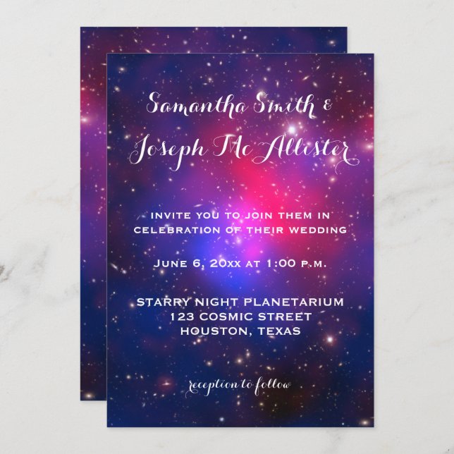 Invitation Mariage cosmique de la grappe en galaxie rose bleu (Devant / Derrière)