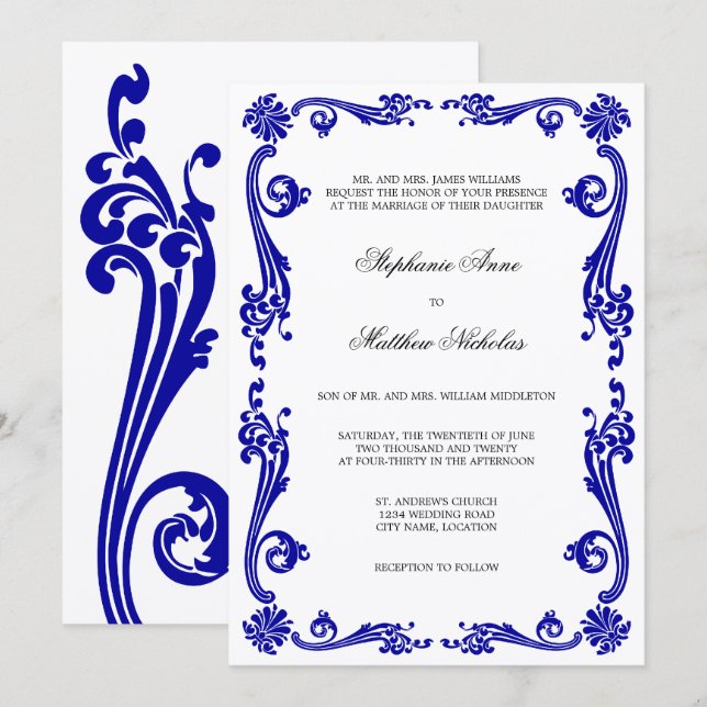 Invitation Mariage Cosmopolite Royal Blue Flourish (Devant / Derrière)