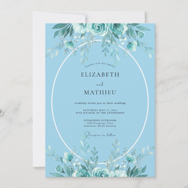 Invitation Mariage Côte d'Azur Aquarelle Bleu Clair (Devant)