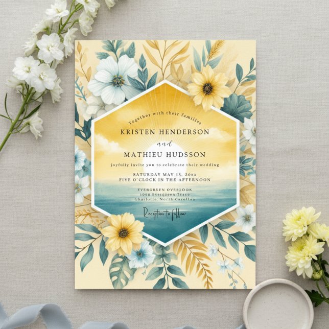 Invitation Mariage Côte d'Azur sarcelle dorée (Créateur téléchargé)