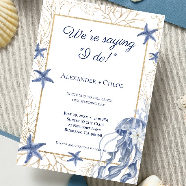 Invitation Mariage Côte Navy Blue Or (Coastal Wedding Navy Blue Gold Invitation)