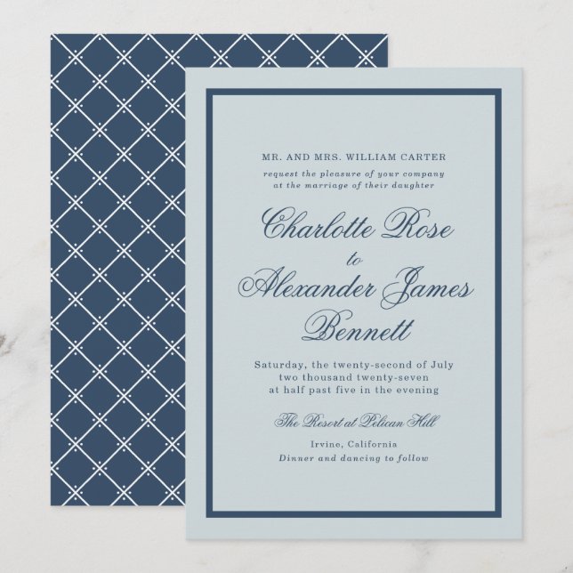 Invitation Mariage Côteux Bleu Poussiéreux Écriture Classique (Devant / Derrière)