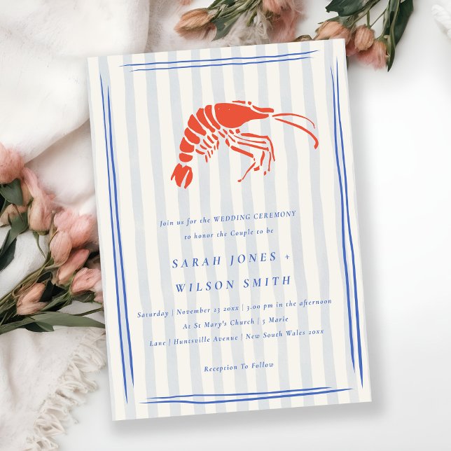 Invitation Mariage côtier au crabe rayé rouge et bleu rétro (Créateur téléchargé)