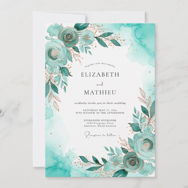 Invitation Mariage côtier doré sarcelle (Devant)