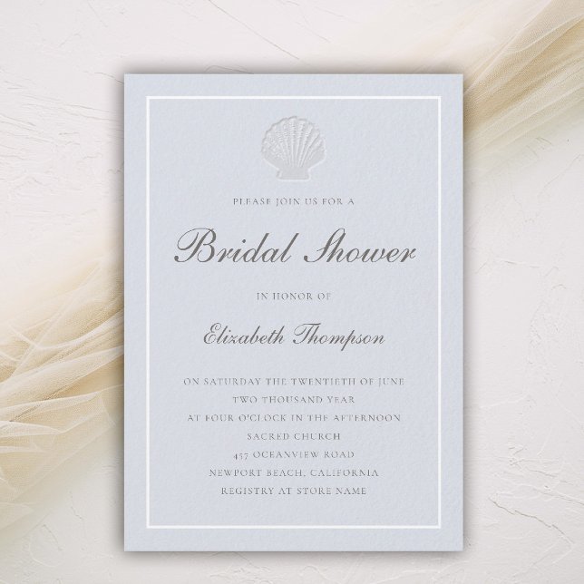 Invitation Mariage Côtier Nautilus Coquillage Bleu Blanc (coastal bridal shower invitation blue white shell elegant formal modern classic calligraphy frame)