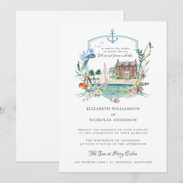 Invitation Mariage côtier nautique | Blason de mariage (Devant / Derrière)