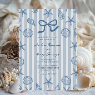 Invitation Mariage côtier rayé bleu coquillage