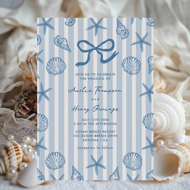 Invitation Mariage côtier rayé bleu coquillage (Créateur téléchargé)