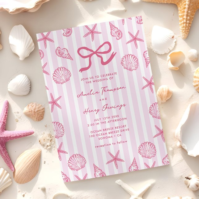 Invitation Mariage côtier rayé rose coquillage (Créateur téléchargé)