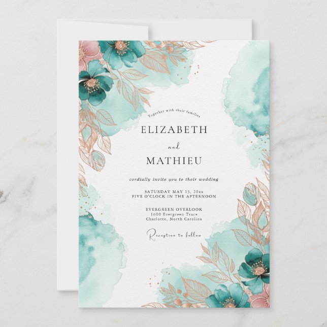 Invitation Mariage Côtiers Éthérés Cuivre Sarcelle (Devant)