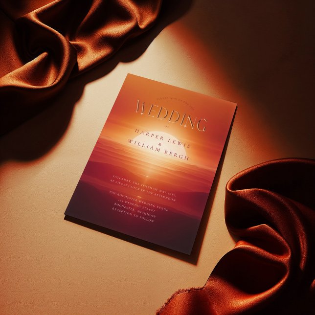 Invitation Mariage couché de soleil rouge méditerranéen (Red mediterranian sunset wedding invitation. Inspired by romance novels.)