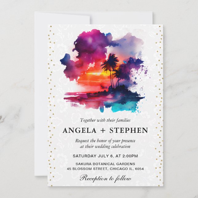 Invitation Mariage coucher de soleil île tropicale aquarelle (Devant)