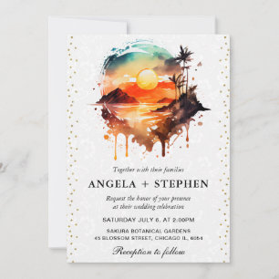 Invitation Mariage coucher de soleil île tropicale aquarelle