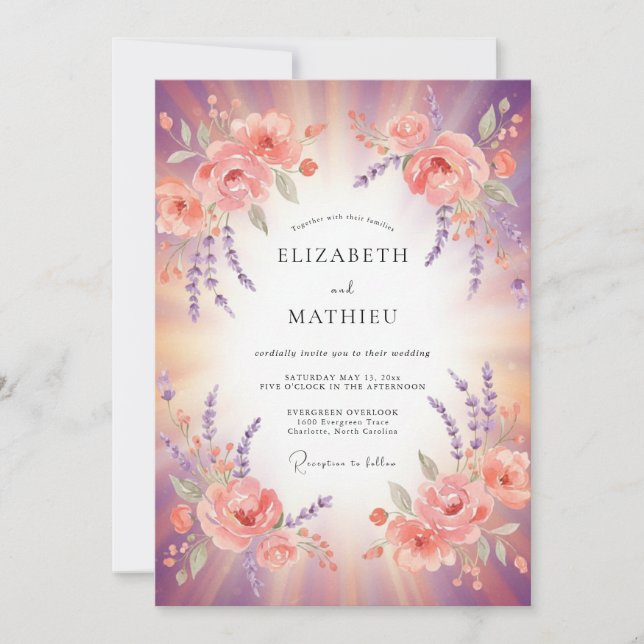 Invitation Mariage Coucher de Soleil Mauve Radieux (Devant)