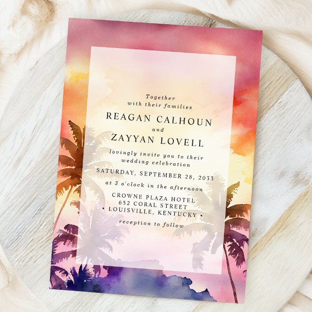 Invitation Mariage Coucher de Soleil Tropical Aquarelle (Créateur téléchargé)