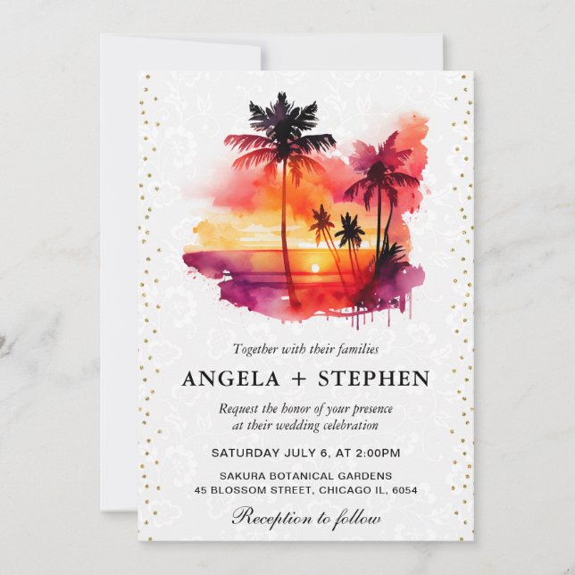 Invitation Mariage coucher de soleil tropical île aquarelle (Devant)
