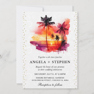 Invitation Mariage coucher de soleil tropical île aquarelle