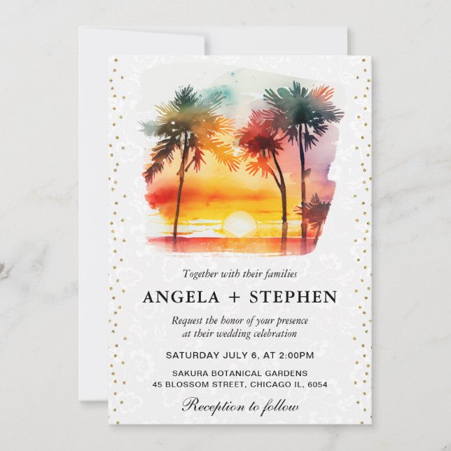 Invitation Mariage coucher de soleil tropical île aquarelle (Devant)