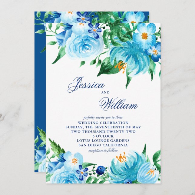 Invitation Mariage couleur bleu Aquarelle Flores (Devant / Derrière)