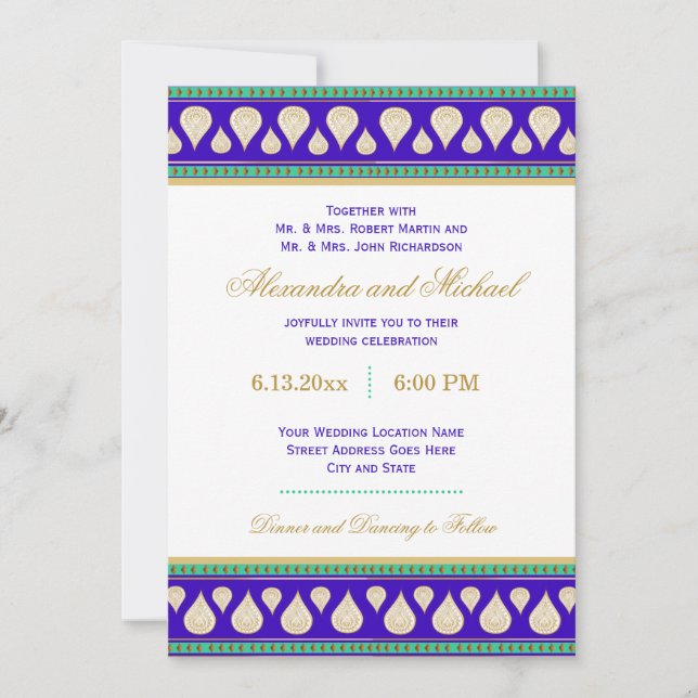 Invitation Mariage couleur or Bollywood India Blue Green (Devant)