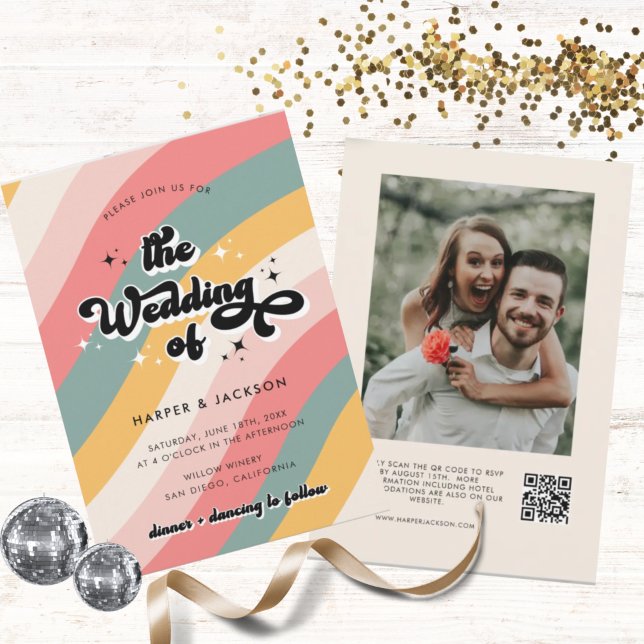 Invitation Mariage couleur rétro les années 70 QR Code (Créateur téléchargé)