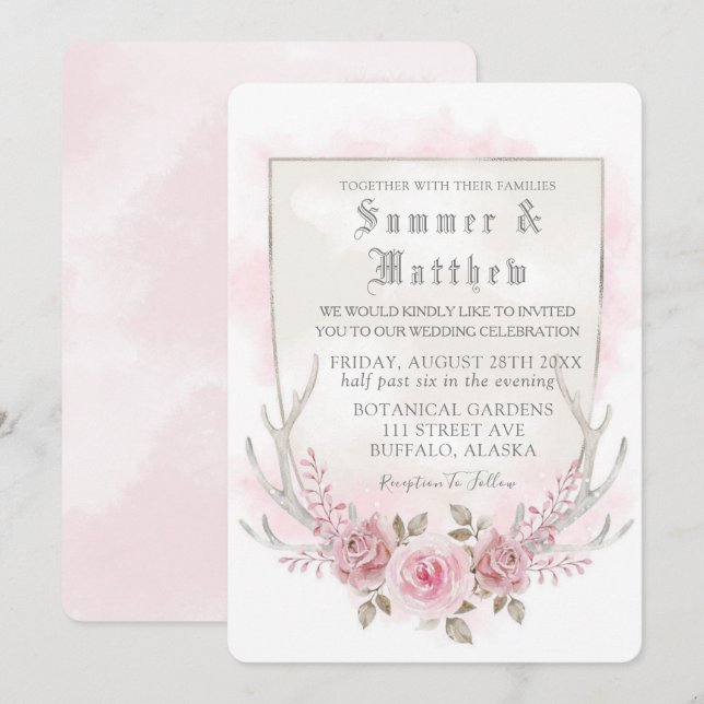 Invitation Mariage Country Pink Grey Aquarelle Peony Antlers (Devant / Derrière)