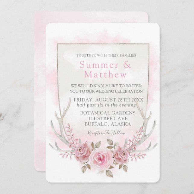 Invitation Mariage Country Pink Grey Peony Deer Antlers (Devant / Derrière)