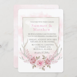 Invitation Mariage Country Pink Grey Peony Deer Antlers