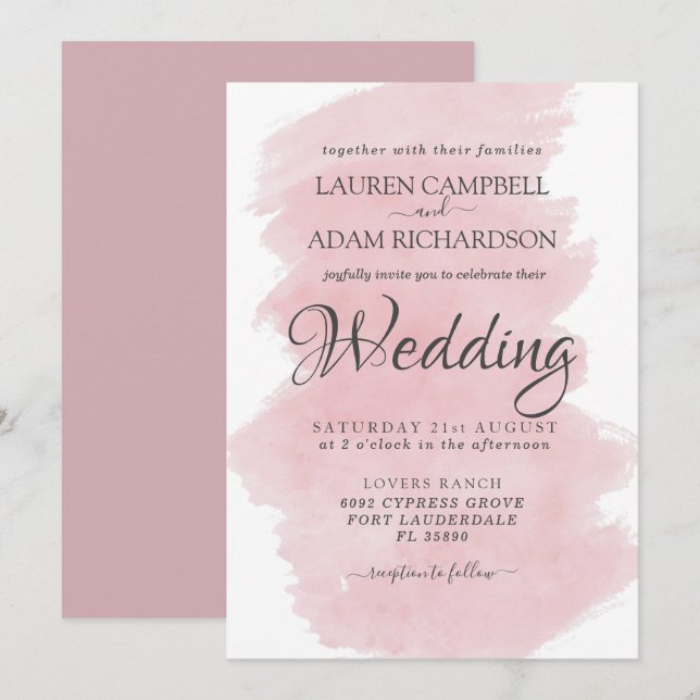 Invitation Mariage Coup de Pinceau Aquarelle Rose Moderne  (Devant / Derrière)