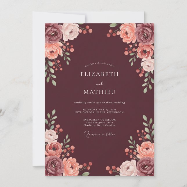 Invitation Mariage coup de pinceau Burgundy Bloom (Devant)