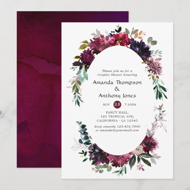 Invitation Mariage Couple Bordo Violet Fleur (Devant / Derrière)